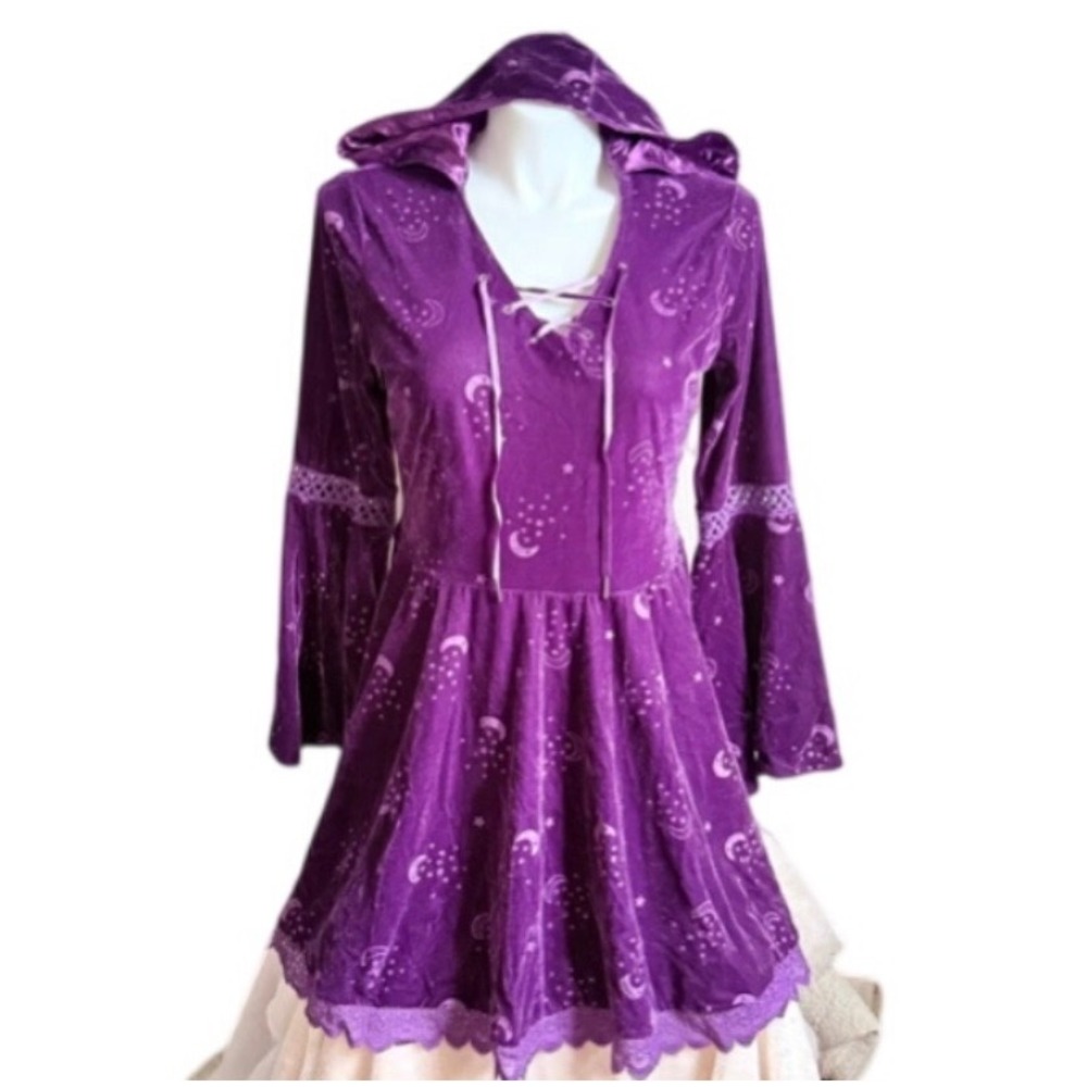 Spirit Halloween Celestial Hooded Dress Purple Velvet Moon Star Womens XL 14-16